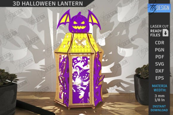 99+ Laser Cut Wood Projects To Sell From Home 187 3D Halloween lantern with bat design, showcasing laser cut wood craftsmanship.