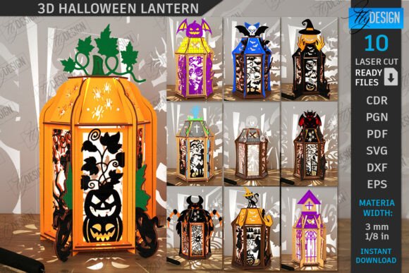 99+ Laser Cut Wood Projects To Sell From Home 389 Collection of 3D laser cut Halloween lantern designs featuring various spooky motifs.