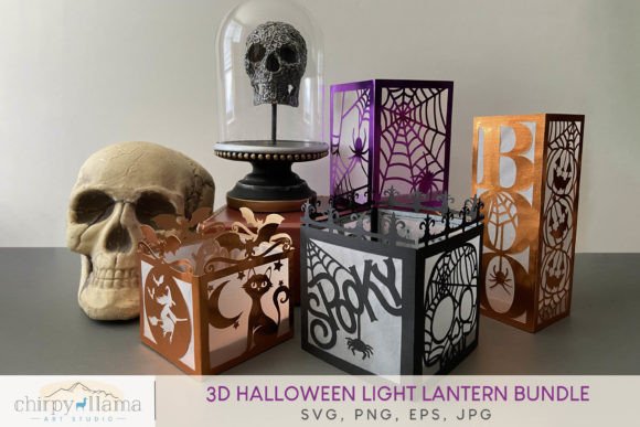 99+ Laser Cut Wood Projects To Sell From Home 399 3D Halloween light lanterns with spooky designs, including a skull and spider motifs.