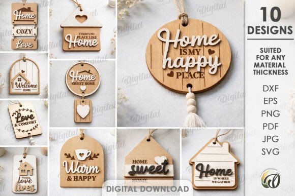 99+ Laser Cut Wood Projects To Sell From Home 141 Collection of laser cut wood gift tags with home-themed designs and messages.