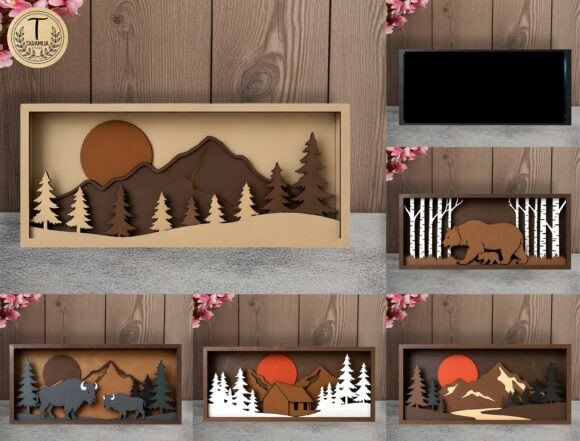 Laser Cut Products That Sell on Etsy and Make Money 4 Layered wall art featuring mountains, trees, and wildlife in a shadow box design.