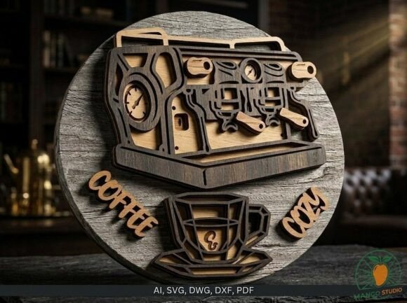 99+ Laser Cut Wood Projects To Sell From Home 214 Laser cut wood sign featuring a coffee machine and cup with the text 'Coffee Cozy'.