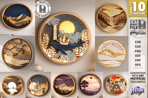 15 Laser Cut Wall Art Files for Wood and Acrylic 9 Layered landscape wall art featuring mountains, a lighthouse, and a moonlit sky in circular frames.