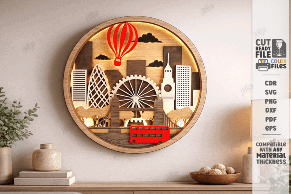 15 Laser Cut Wall Art Files for Wood and Acrylic 10 Layered landscape wall art featuring a city skyline, hot air balloon, and decorative elements.