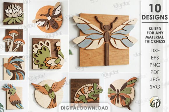 15 Laser Cut Wall Art Files for Wood and Acrylic 11 Colorful layered laser cut wall art designs featuring a butterfly, flowers, and animals on wooden backgrounds.
