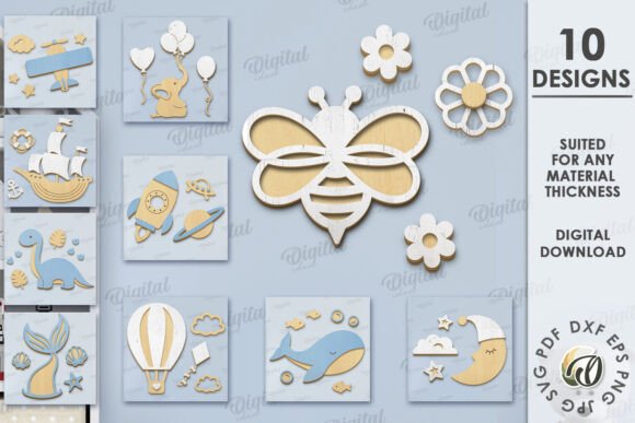 Easy Laser Cut Wood Projects To Sell On Etsy 45 Collection of laser cut wood designs including a bee, dinosaur, and hot air balloon on a blue background.