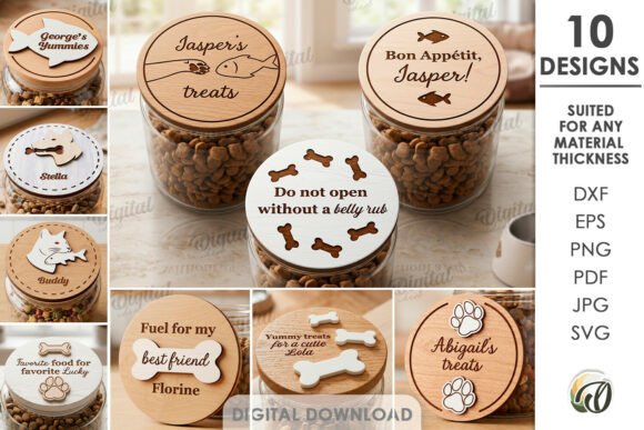 99+ Laser Cut Wood Projects To Sell From Home 248 Laser cut wood pet treat jar lids with personalized names and designs, showcasing customization options.