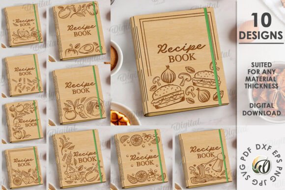 99+ Laser Cut Wood Projects To Sell From Home 335 Laser cut wooden recipe boxes featuring various food illustrations and the text 'Recipe Book'.