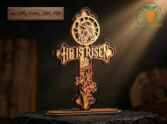 99+ Laser Cut Wood Projects To Sell From Home 189 Laser cut wooden cross with the text 'He is Risen' and floral design, suitable for home decor.
