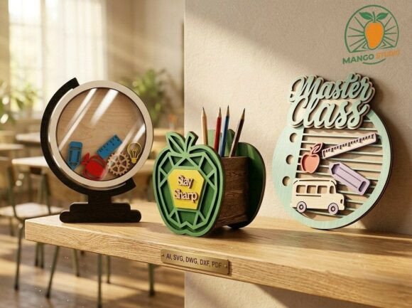 99+ Laser Cut Wood Projects To Sell From Home 269 Laser cut wood teacher owl pen holder and globe decor on a shelf in a classroom setting.