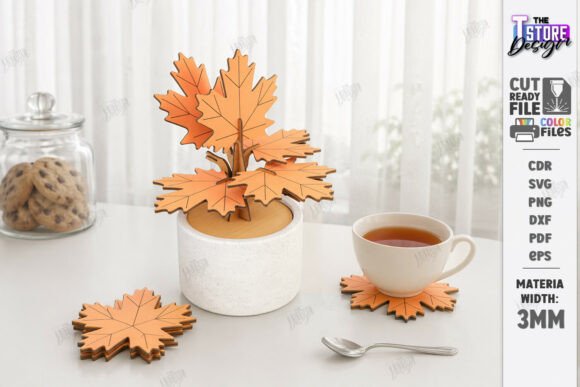 99+ Laser Cut Wood Projects To Sell From Home 30 Laser cut wooden coasters shaped like autumn leaves, displayed with a cup of tea and cookies.
