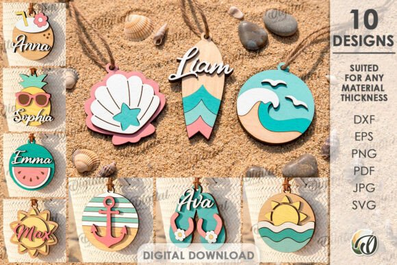 99+ Laser Cut Wood Projects To Sell From Home 44 Colorful laser cut wood keychains featuring names and designs like a shell, wave, and sun.