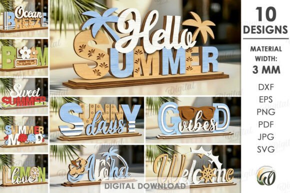 99+ Laser Cut Wood Projects To Sell From Home 429 Colorful laser cut wood signs with summer themes, including 'Hello Summer' and 'Sweet Summer'.