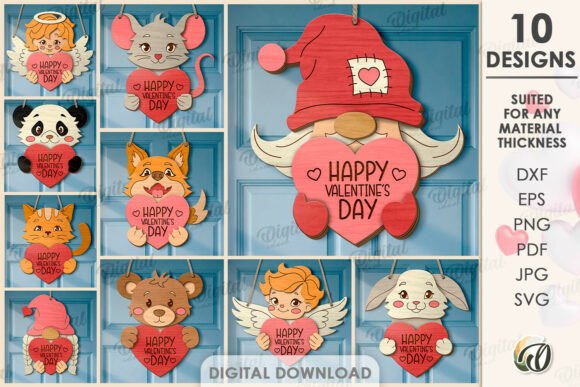 99+ Laser Cut Wood Projects To Sell From Home 410 Colorful laser cut wood Valentine's Day door hangers featuring various animal designs and hearts.