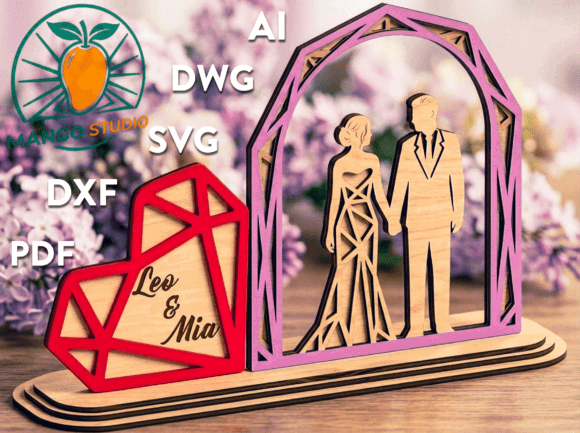 99+ Laser Cut Wood Projects To Sell From Home 206 3D layered laser cut wood sign featuring a couple and a heart with names Leo & Mia, surrounded by flowers.