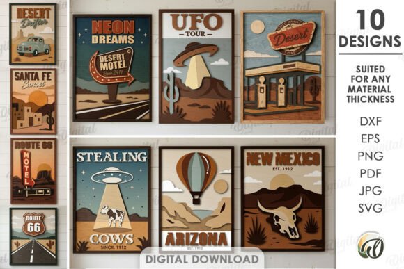 15 Laser Cut Wall Art Files for Wood and Acrylic 12 Collection of vintage-style wall art designs featuring desert themes and travel motifs.
