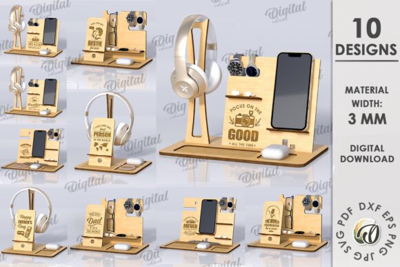 99+ Laser Cut Wood Projects To Sell From Home 443 Various laser cut wood desk organizers with phone and headphone stands, showcasing personalized designs.