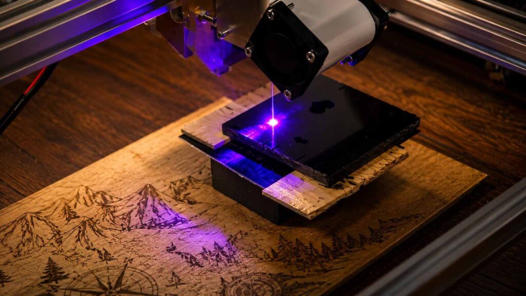 Diode vs CO2 Laser: Which One Should Beginners Buy in 2026? 2 Diode laser module engraving a dark material over a wooden board featuring a detailed mountain and compass design