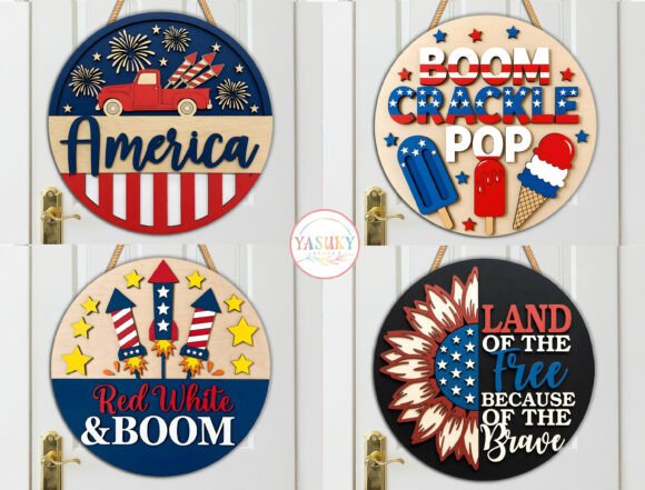 99+ Laser Cut Wood Projects To Sell From Home 418 Patriotic round signs featuring phrases like 'America', 'Boom Crackle Pop', and 'Land of the Free' with festive designs.