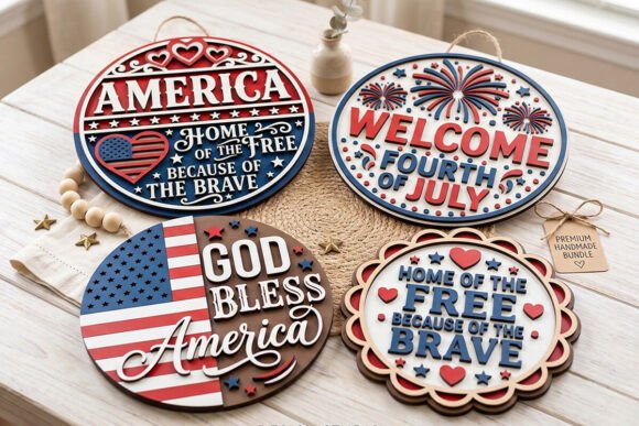 99+ Laser Cut Wood Projects To Sell From Home 406 Colorful laser cut wood door hangers celebrating America and the Fourth of July.