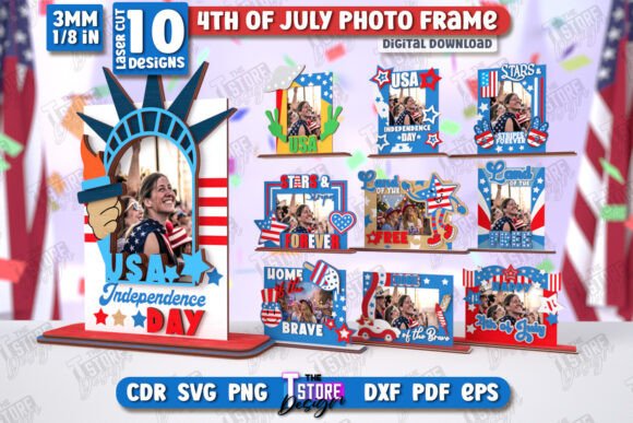 99+ Laser Cut Wood Projects To Sell From Home 369 Set of 10 laser cut 4th of July photo frames featuring patriotic designs and text.