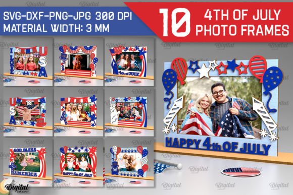 99+ Laser Cut Wood Projects To Sell From Home 368 Collection of 4th of July themed photo frames featuring patriotic designs and text.