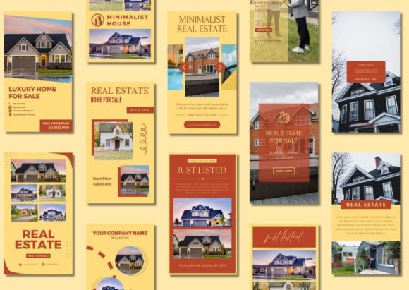 17 Instagram Story Templates for Small Businesses That Boost Engagement 30 Collage of real estate Instagram Story templates showcasing various home listings and designs.