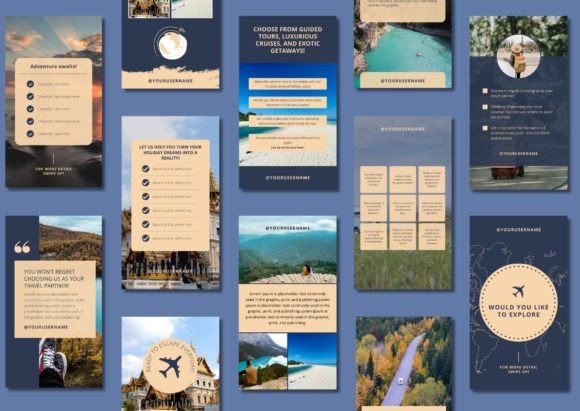 17 Instagram Story Templates for Small Businesses That Boost Engagement 33 A collection of travel-themed Instagram Story templates featuring scenic backgrounds and engaging text layouts.