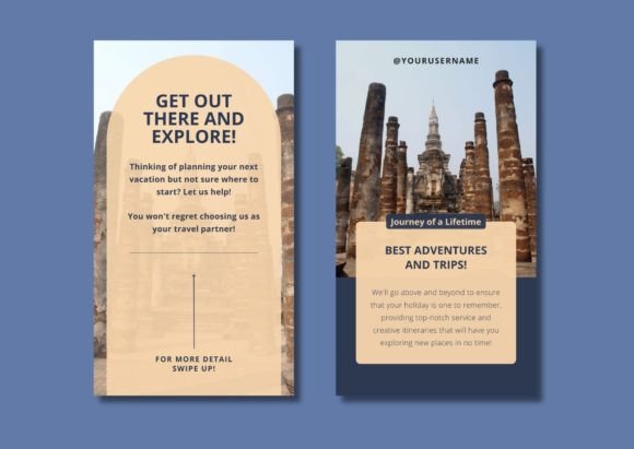 17 Instagram Story Templates for Small Businesses That Boost Engagement 34 Two Instagram Story templates featuring travel themes and a call to action for exploration.