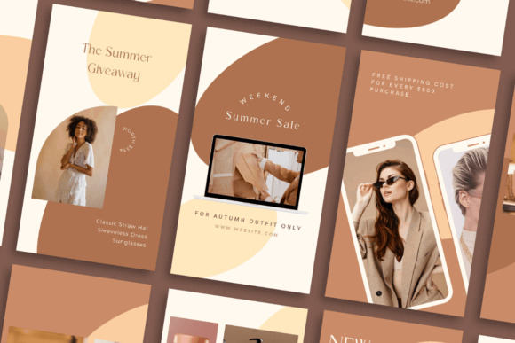 17 Instagram Story Templates for Small Businesses That Boost Engagement 9 Instagram story templates featuring summer sale promotions and giveaway announcements with a warm color palette.