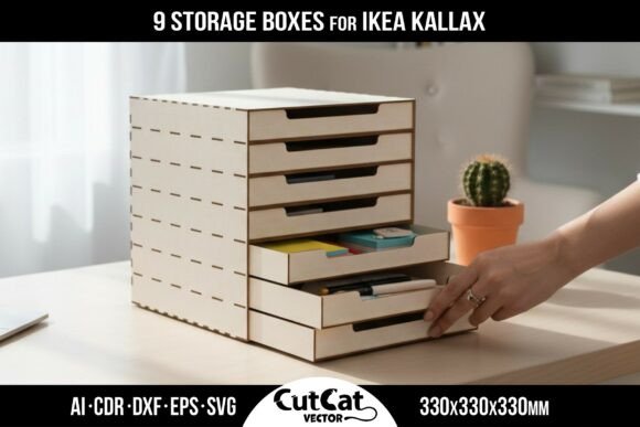 99+ Laser Cut Wood Projects To Sell From Home 462 Laser cut wooden storage boxes designed for IKEA Kallax, featuring multiple drawers and a minimalist style.