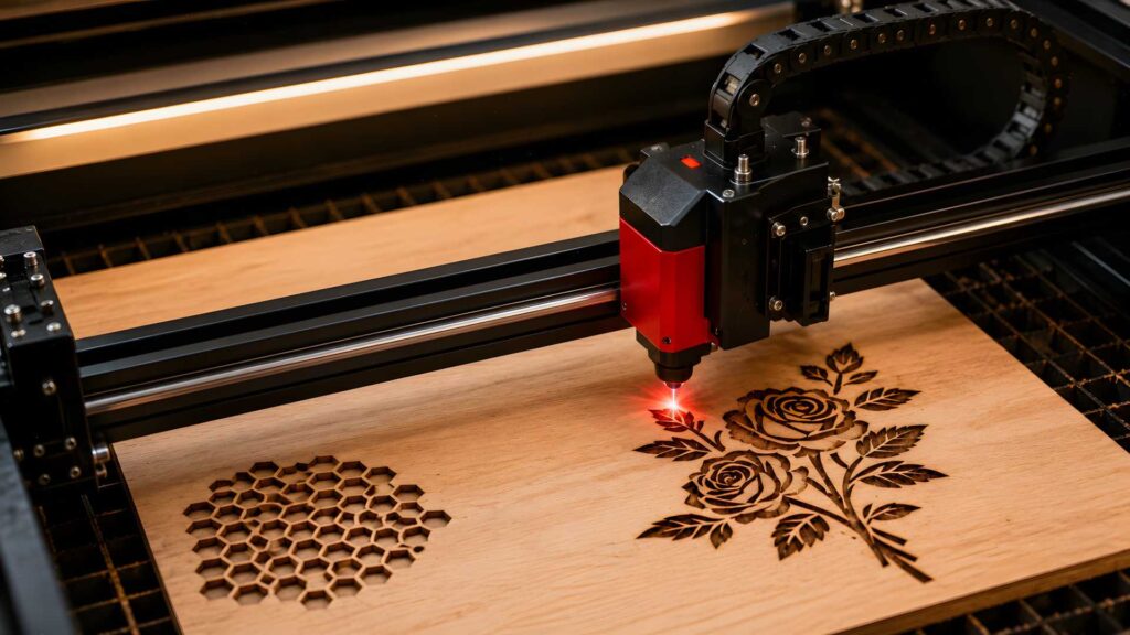 Buying Your First Laser Cutter? Read This Before You Spend Money 2 Laser cutter engraving a detailed rose design and a honeycomb pattern into a piece of wood