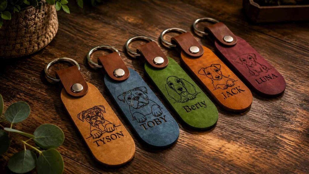 Best Laser Engraver for Leather: What to Know Before Buying 3 Five leather keychains in different colors, each laser-engraved with a dog illustration and a name