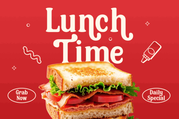 70+ Food Logo Fonts for Restaurants, Cafes, and Food Brands 47 A sandwich with lettuce and tomato on toasted bread, featuring a red background with 'Lunch Time' text.