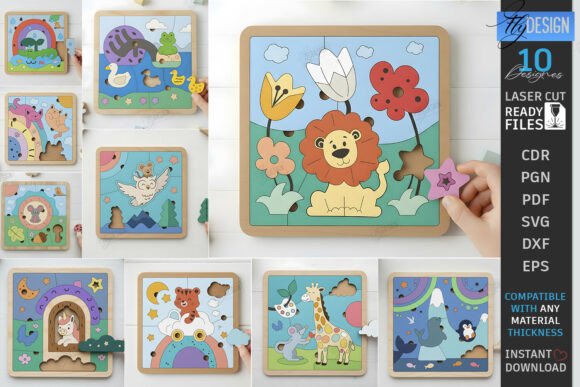 99+ Laser Cut Wood Projects To Sell From Home 319 Colorful laser cut wooden face puzzle pieces featuring animals and nature scenes.