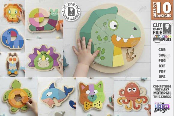 99+ Laser Cut Wood Projects To Sell From Home 317 Colorful laser cut wooden animal puzzles featuring a dinosaur, owl, and octopus, with a child's hand visible.
