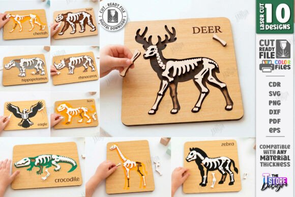 99+ Laser Cut Wood Projects To Sell From Home 307 Laser cut wooden animal skeleton puzzles featuring a deer, lion, eagle, and more on a light wood background.