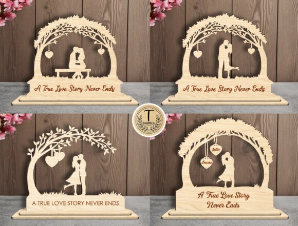 99+ Laser Cut Wood Projects To Sell From Home 193 Laser cut wooden wedding decor featuring a romantic scene with a couple under a tree and a heartfelt message.