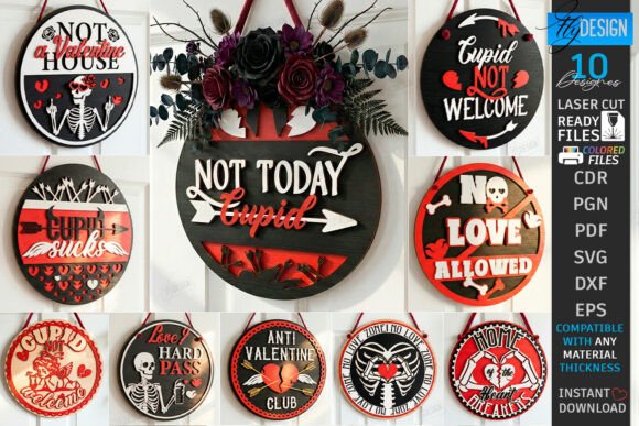 99+ Laser Cut Wood Projects To Sell From Home 431 A collection of laser cut wood signs with various designs and messages for Valentine's Day and anti-Valentine's themes.