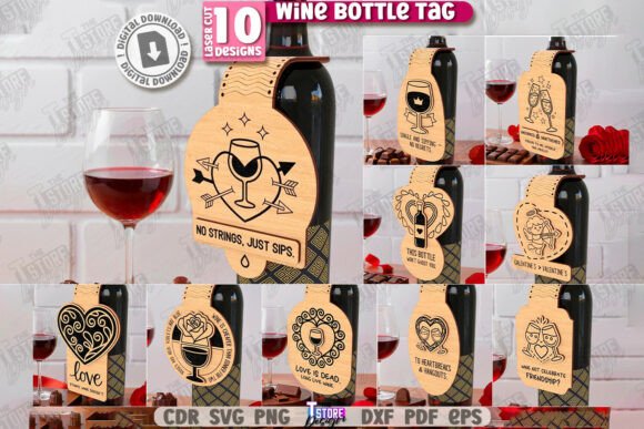 Easy Laser Cut Wood Projects To Sell On Etsy 59 Laser cut wood wine bottle tags with various designs and text, displayed with a glass of red wine.