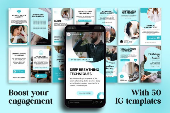 17 Instagram Story Templates for Small Businesses That Boost Engagement 3 Anxiety Instagram Canva Story Template showcasing deep breathing techniques and engagement tips.