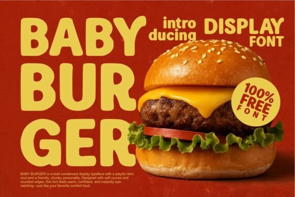 70+ Food Logo Fonts for Restaurants, Cafes, and Food Brands 18 Bold burger display font with a cheeseburger on a red background.