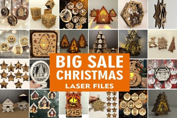 99+ Laser Cut Wood Projects To Sell From Home 402 Collage of various laser cut wood Christmas decorations and ornaments for sale.