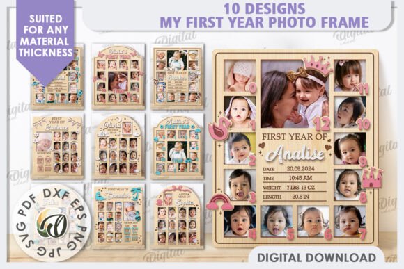 99+ Laser Cut Wood Projects To Sell From Home 366 Laser cut wood photo frame designs for first year celebrations, featuring customizable sections for photos and text.