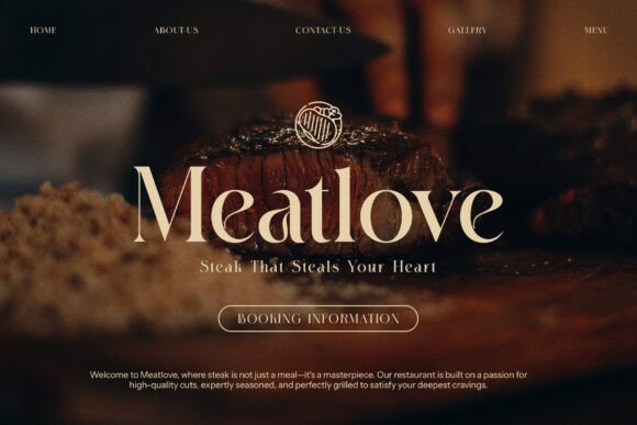 70+ Food Logo Fonts for Restaurants, Cafes, and Food Brands 121 Elegant restaurant logo featuring the name 'Meatlove' with a steak image in the background.