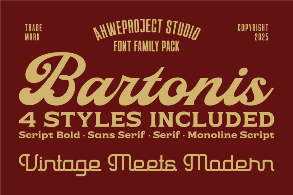 70+ Food Logo Fonts for Restaurants, Cafes, and Food Brands 137 Bartonis font family pack showcasing four styles on a maroon background.