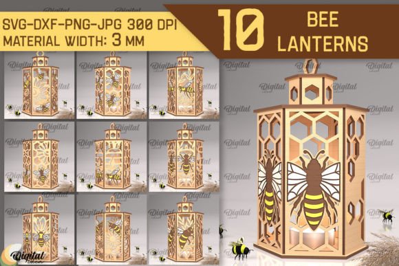 99+ Laser Cut Wood Projects To Sell From Home 393 Set of 10 laser cut bee lantern designs with hexagonal patterns and bee illustrations.