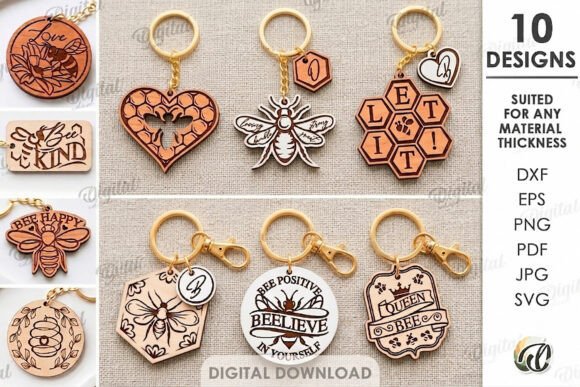 99+ Laser Cut Wood Projects To Sell From Home 48 Laser cut wood keychains featuring various designs including bees and motivational quotes.