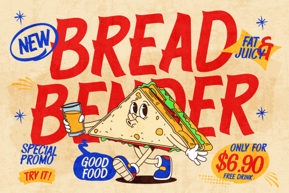 70+ Food Logo Fonts for Restaurants, Cafes, and Food Brands 21 Colorful sandwich advertisement featuring a cartoon character holding a drink.