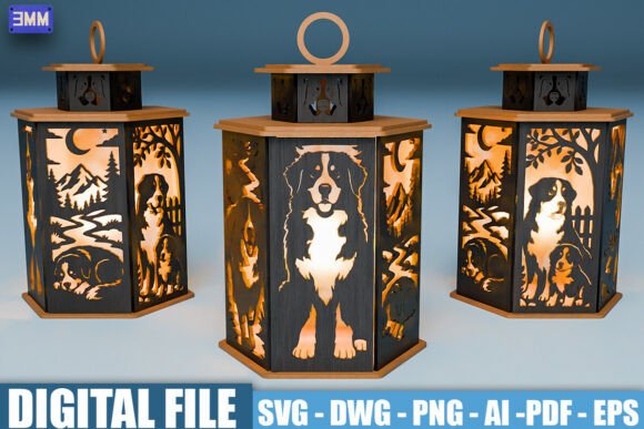 99+ Laser Cut Wood Projects To Sell From Home 390 3D laser cut wooden lantern design featuring a dog and nature scenes.